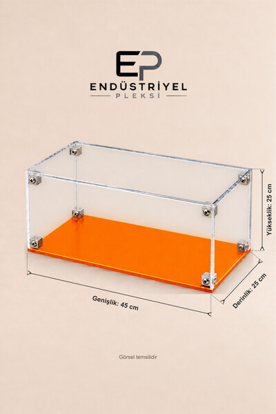 ep endustriyel pleksi 25x45x25 cm Dikdörtgen Şeffaf Pleksi Display Box Premium Vitrin Ürün Sergileme Kutusu Turuncu Taban