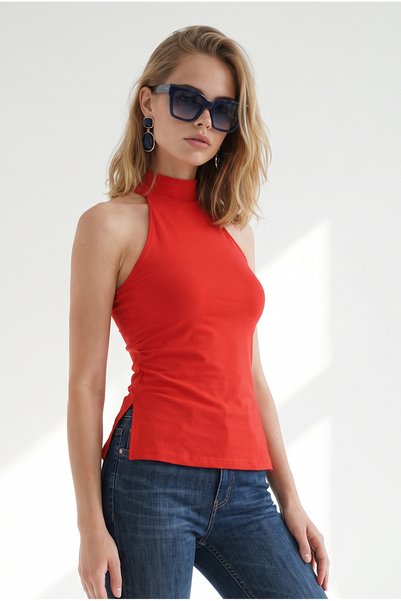 Olalook Women's Red High Collar Backless Slit Blouse Blz-19003455