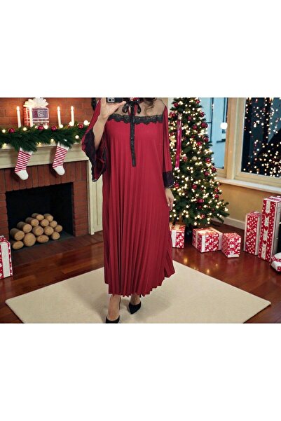 MAXORA SHOP Rochie lungă plisată Lulu, din satin, cu dantelă și mâneci lungi