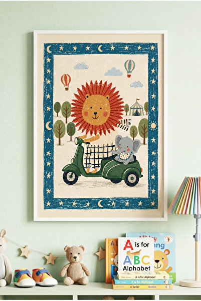 Zevahir Mobilya Dekorasyon 1 Piece White Wooden Framed Safari Lion and Cute E...