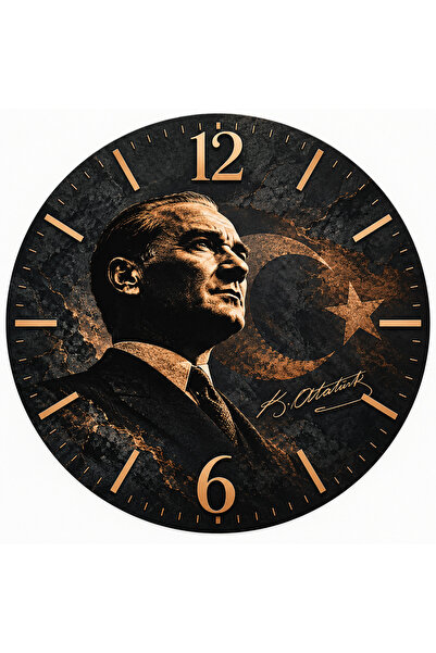 AA Shop Atatürk Temalı 45 Cm Ahşap Sessiz Akar Mekanizmalı UV Baskılı Dekoratif Duvar Saati Hediyelik 1103