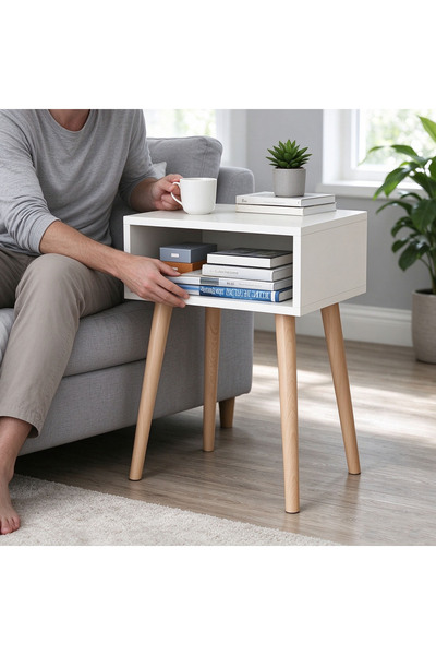 Cozara Modern White Bedside Nightstand with Drawer / Open Compartment, Wooden...