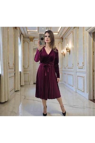 MAXORA SHOP Rochie midi din catifea Lacey, cu cordon în talie și mâneci lungi