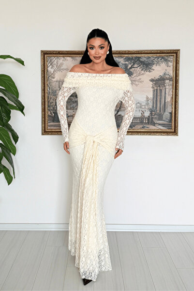 giyimmasalı Rochie din dantelă cu detaliu de legare în față - CREAM