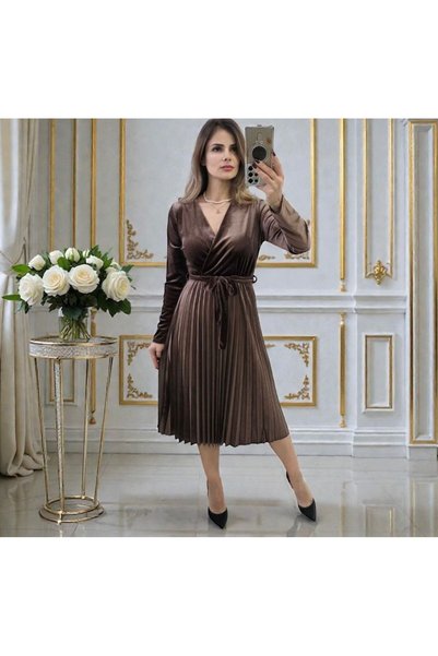 MAXORA SHOP Rochie midi din catifea Lacey, cu cordon în talie și mâneci lungi