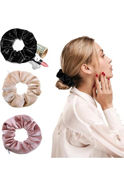 GENERAL 3 Pcs Velvet Scrunchie with Hidden Zipper Pocket, Velvet Scrunchies H...