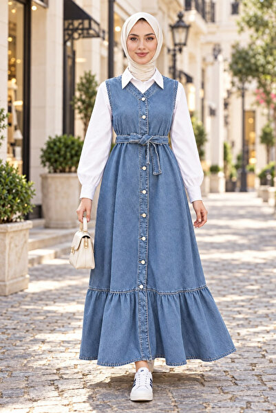 Hb Harma Time Butik Women's Buttoned Belted Skirt with Ruffles Light Blue Den...