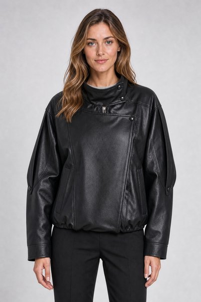 Firststops Women's Black Oversize Faux Leather Jacket with Zipper and Snap De...