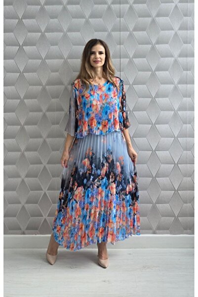 MAXORA SHOP Rochie lejeră plisată Mara, cu decolteu Carmen și imprimeu floral