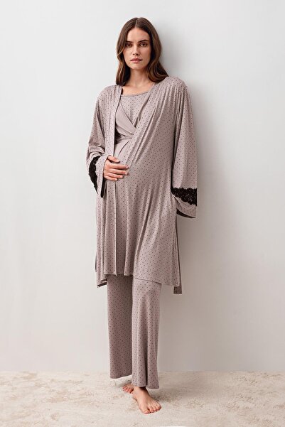 Artış Long Sleeve Polka Dot Lycra Viscose Maternity Dressing Gown Pajama Set