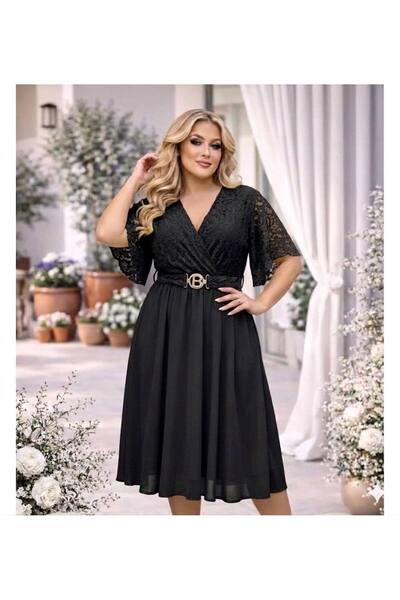 MAXORA SHOP Rochie midi Lily cu dantelă la mâneci și centură în talie