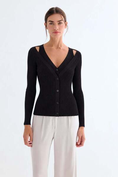 Silk and Cashmere Siyah Chloe İpek Kaşmir V Yaka Hırka