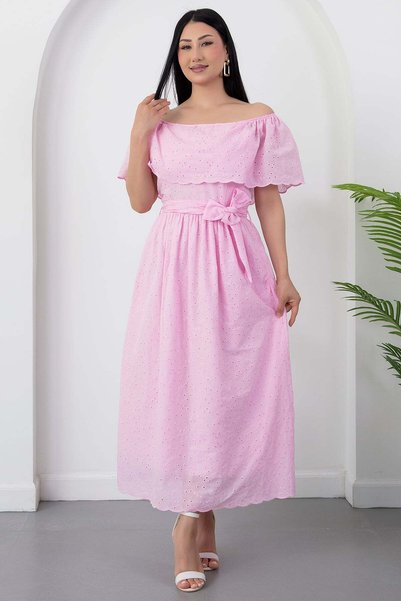 PULLIMM Madonna Collar Belted Embroidered Dress 2026-4643
