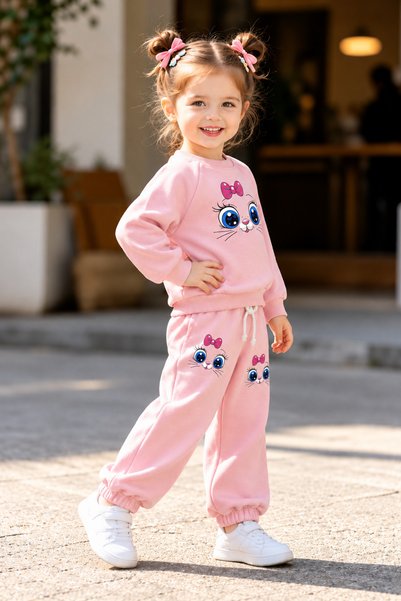 zepkids Girl's 3-Thread Cat Print Pink Tracksuit Set – Sweatshirt with Bow an...