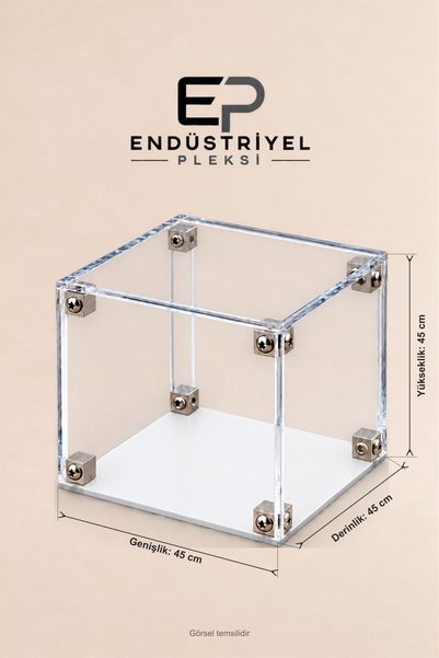 ep endustriyel pleksi 50x50x60 cm Dikey Şeffaf Pleksi Display Box Premium Vitrin Ürün Sergileme Kutusu Beyaz Taban