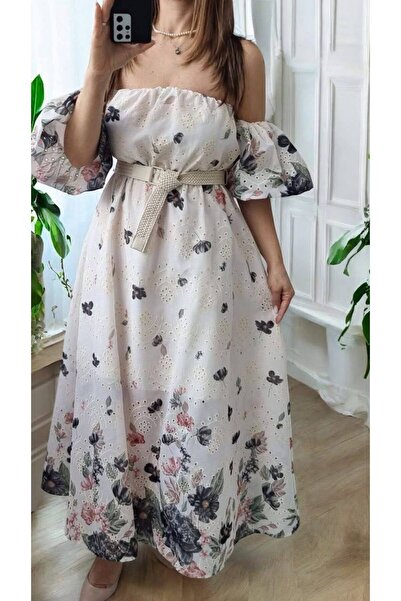 MAXORA SHOP Rochie lungă din bumbac Kriss, cu broderie și mâneci balon