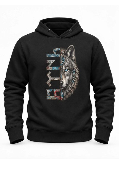 Alfa Tshirt Turquoise Motif Göktürk Wolf Printed Black Hooded Pocketless Swea...
