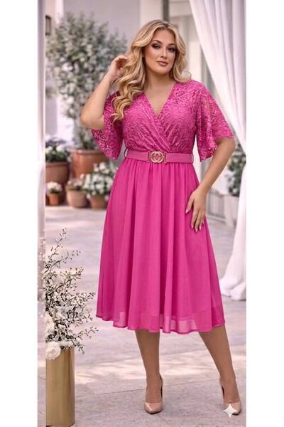 MAXORA SHOP Rochie midi Lily cu dantelă la mâneci și centură în talie