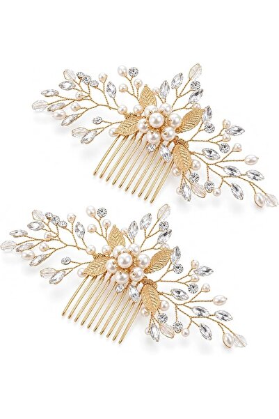 QfwdfcTrenz 2PCS Bridal Hair Pieces Crystal Gold Hair Comb Pearl Wedding Hair...