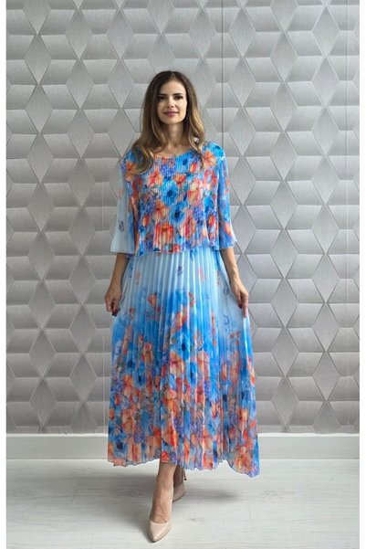 MAXORA SHOP Rochie lejeră plisată Mara, cu decolteu Carmen și imprimeu floral