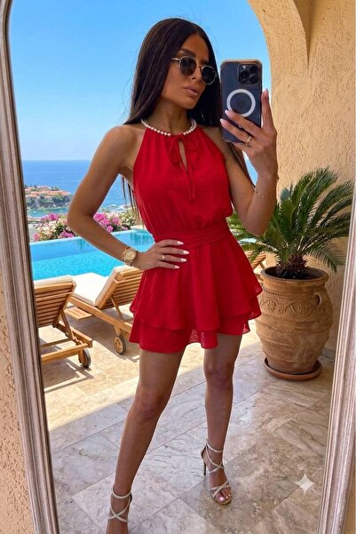 MAXORA SHOP Αλεξάνδρα κοντό φόρεμα με γιακά halter και πέρλες