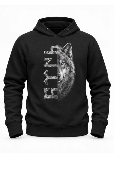 Alfa Tshirt Blue-Eyed Wolf Göktürk Printed Black Hooded Pocketless Sweatshirt