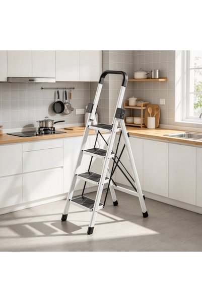 BESTONE White 4 Step Collapsible Step Ladder Reversible Folding Handrail and Wide Non Slip Treads Compact Storage Design for Small Spaces Apartments Pantry and Daily Household Tasks