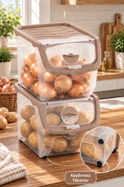 Porsima 1507 2'li Patates Soğan Saklama Kabı Seti 12 LT Cafe Latte - Ayarlanabilir Havalandırmalı Mutfak & Kiler Düzenleyici