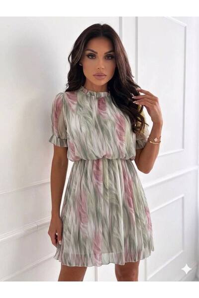 MAXORA SHOP Rochie plisată Irene, midi, cu guler înalt și mâneci scurte