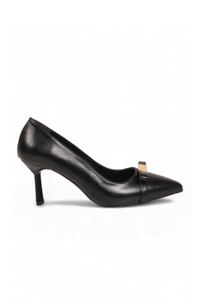 AYAKMOD Women's Black Leather Bow Detailed Pointed Toe Thin Heeled Special Oc...