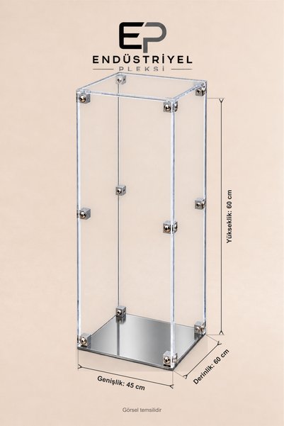 ep endustriyel pleksi 45x60x60 cm Dikey Şeffaf Pleksi Display Box Premium Vitrin Ürün Sergileme Kutusu Gümüş Aynalı Taban