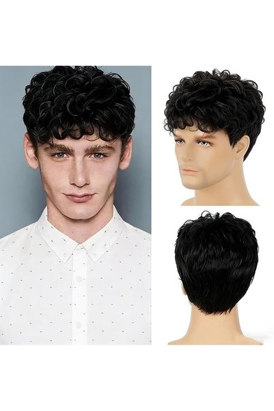 GENERAL Men Short Wigs Curly Fluffy Natural Synthetic Hair with Bangs Daily F...