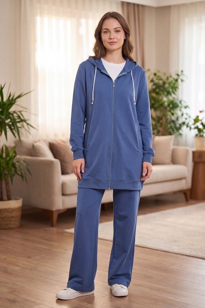 Gelsomino Cotton Blend Zippered Hooded Long Tracksuit Set with Pockets Blue
