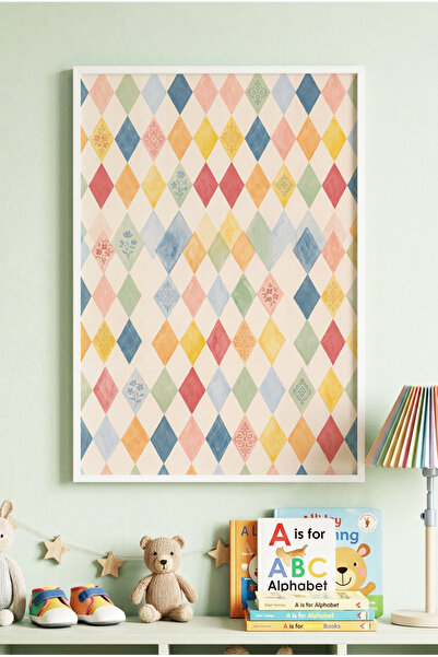 Zevahir Mobilya Dekorasyon 1 Piece White Wooden Framed Colorful Pastel Diamon...