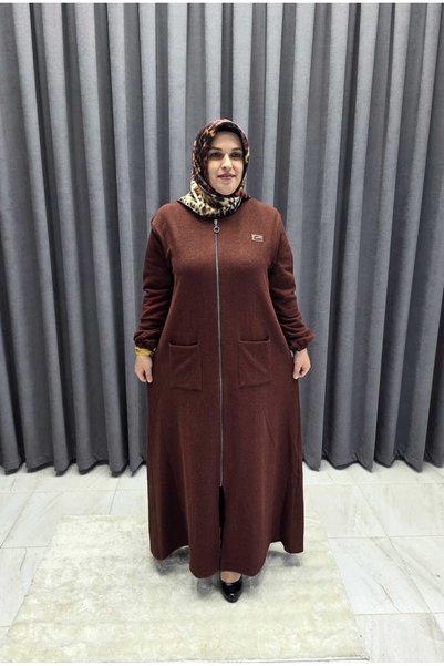 Ayyüce Tesettür Teddy Kumaş Tam Boy Pardesü Kahverengi