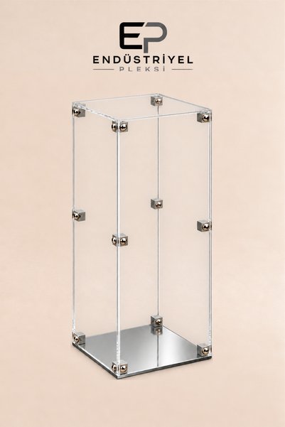 ep endustriyel pleksi 30x65x65 cm Dikey Şeffaf Pleksi Display Box Premium Vitrin Ürün Sergileme Kutusu Gümüş Aynalı Taban
