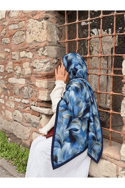 Hepsi Moda Leaf Pattern Modal Silk Shawl - Navy Blue & Indigo