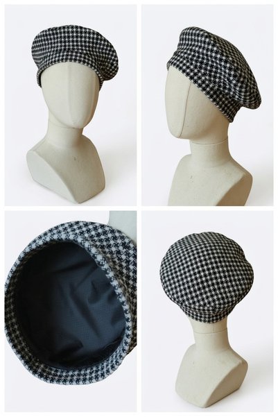 Handmade Betty Bands Women's Black and White Houndstooth Patterned French Beret – Retro Vintage Paris Style Flowy Hat