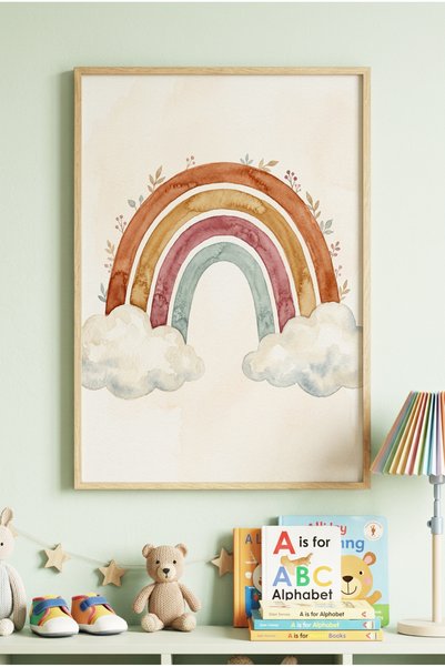 Zevahir Mobilya Dekorasyon 1 Piece Real Wood Framed Watercolor Effect Rainbow...