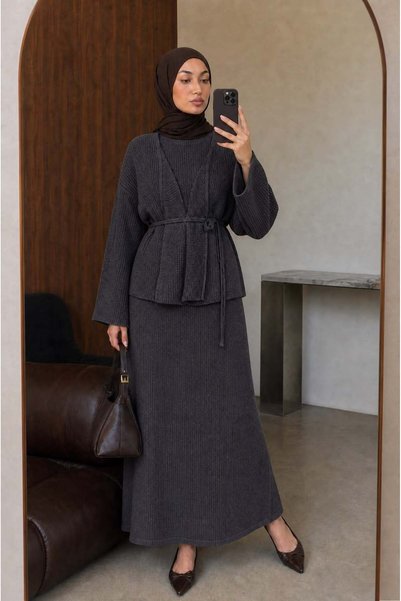 HerTon Women's Off-Shoulder Spanish Sleeve Hijab Knitwear Double Combination Set
