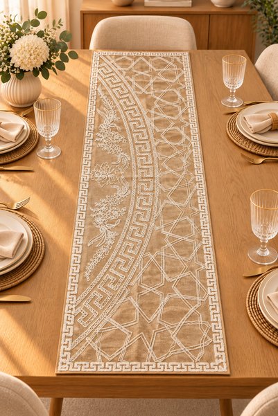Elovias Embroidered Geometric Patterned Decorative Runner Tablecloth – 45X120 cm