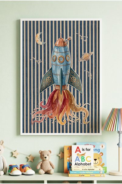 Zevahir Mobilya Dekorasyon 1 Piece White Wooden Framed Retro Spaceship Patter...