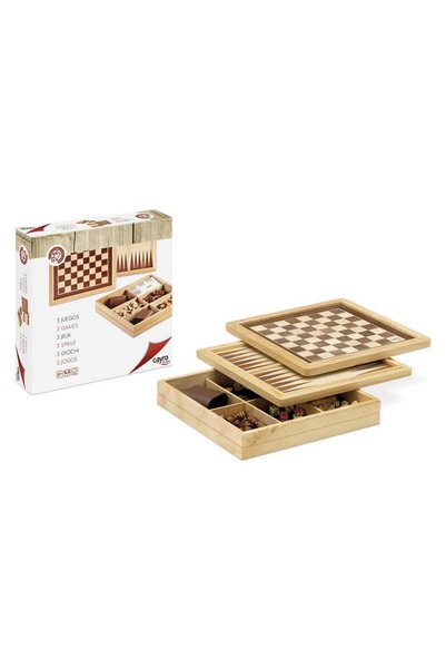 Syfax Cayro set de jocuri 3 în 1 șah, dame și table – casetă din lemn cu inta...