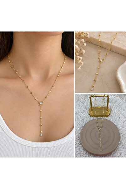 FM 💎   Premium Shiny and Stylish Stone Detailed Dangle Gold Color Y Model Women's Steel Necklace (45 cm)