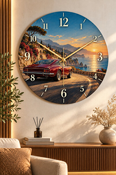 AA Shop Araba Temalı 45 Cm Ahşap Sessiz Akar Mekanizmalı UV Baskılı Dekoratif Duvar Saati Hediyelik 1106