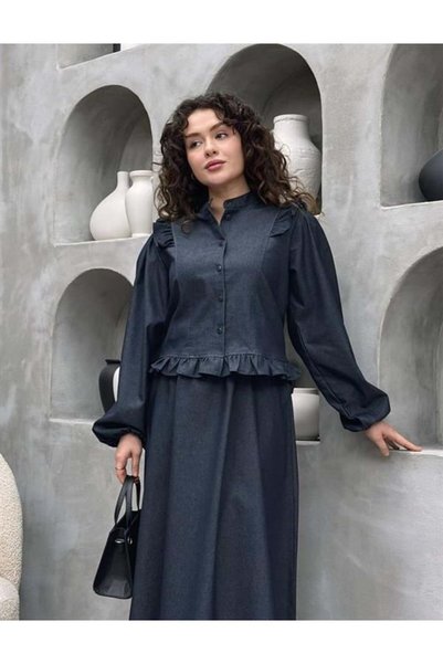 Cardella Mira Denim Jacket Skirt Set – Elegant Women's Two-Piece Set Compatible with Hijab