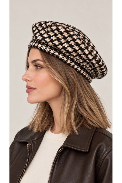 Handmade Betty Bands Women's Houndstooth Patterned French Beret Black Beige Ecru Retro Vintage Folded Stylish Women's Hat