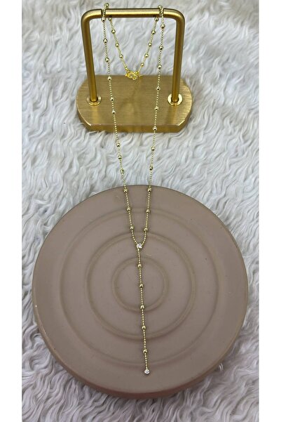 FM 💎   Premium Shiny and Stylish Stone Detailed Dangle Gold Color Y Model Women's Steel Necklace (45 cm)