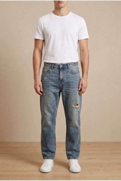OEM Blugi barbati casual regular fit prespalati cu mici rupturi si aspect uza...