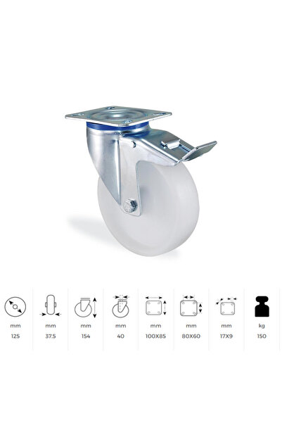 CATEKSSS 3302 Mmb 125 F18 Oynak Tabla Bağlantılı, Mavi Pasifize Edilmiş Galvaniz Kaplı, Tekeri Ve Maşayı Kilitleyen Fren Sistemli Maşa Polipropilen Kasnaklı, Polipropilen Sırtlı, Kendinden Burçlu - 25’li Paket